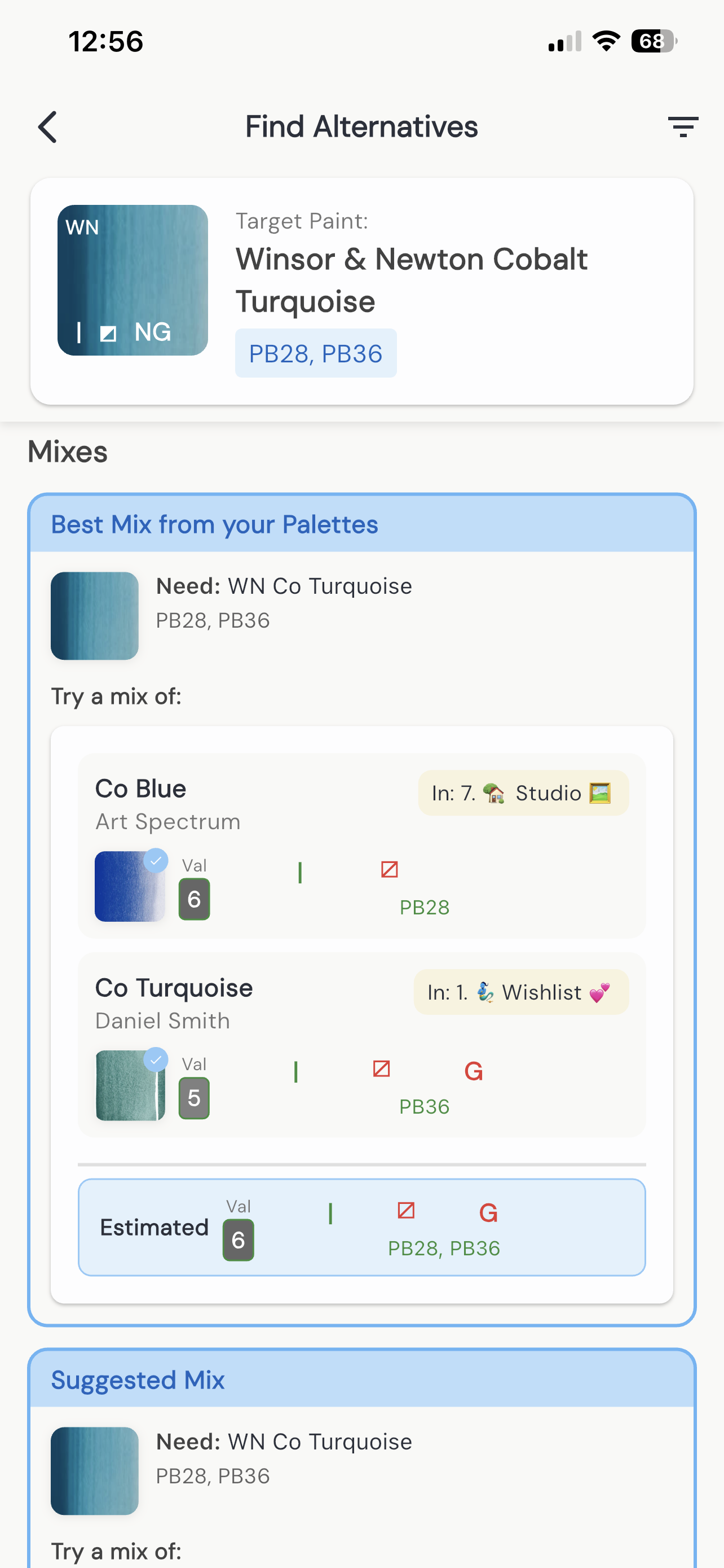 Finding paint alternatives and mix recipes in Smarty Paints