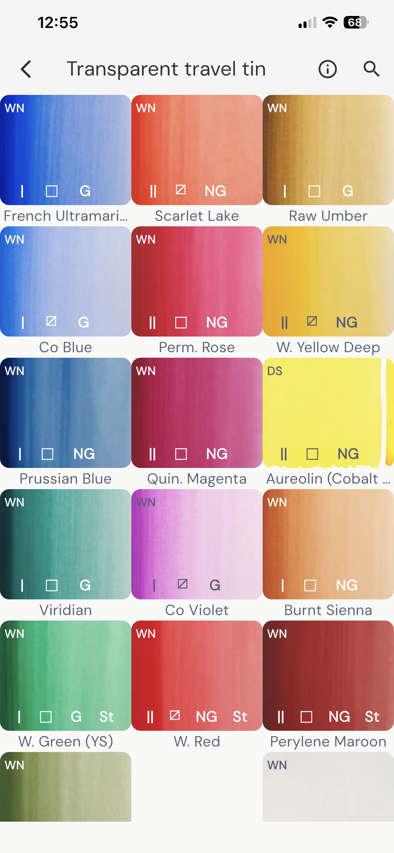 Smarty Paints palette view showing watercolor swatches