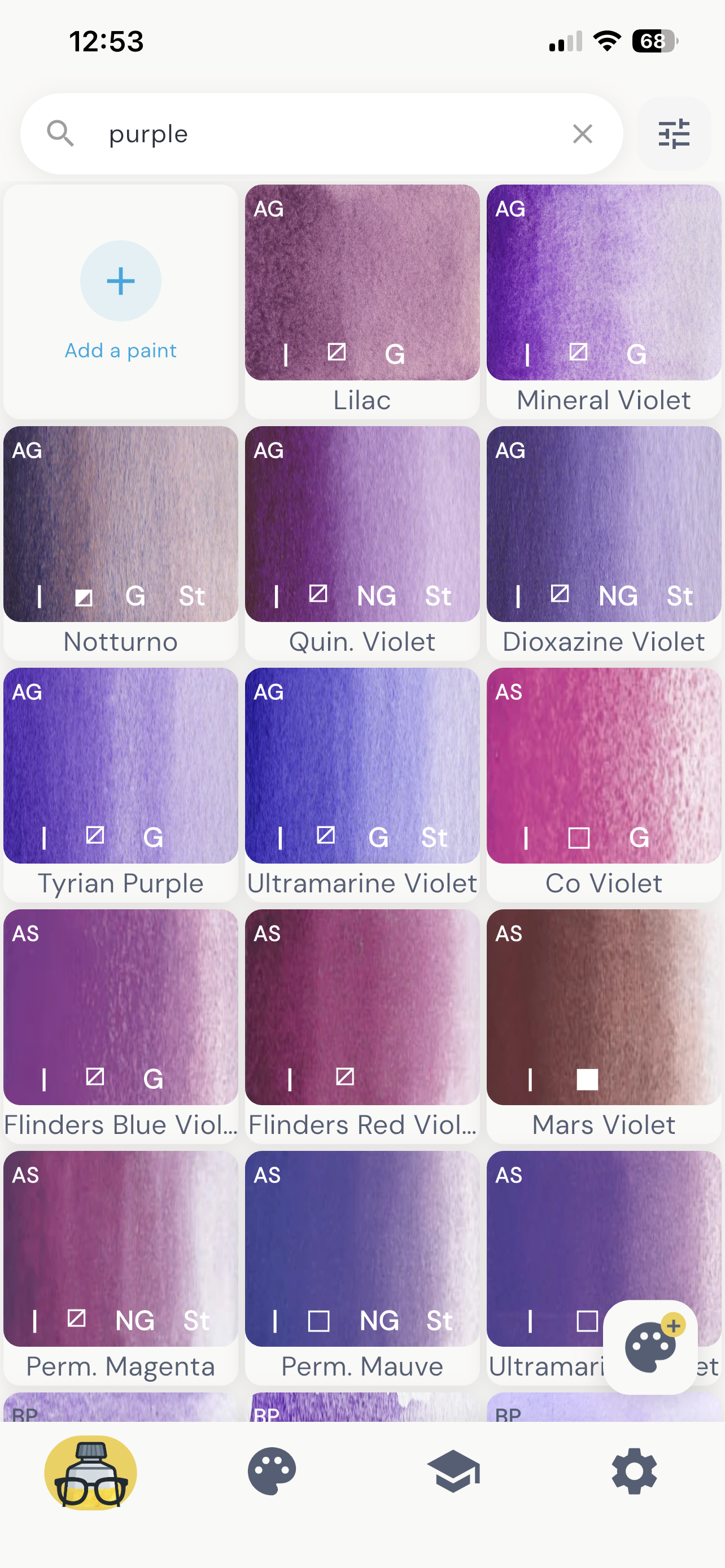 Searching for purple watercolor paints in Smarty Paints